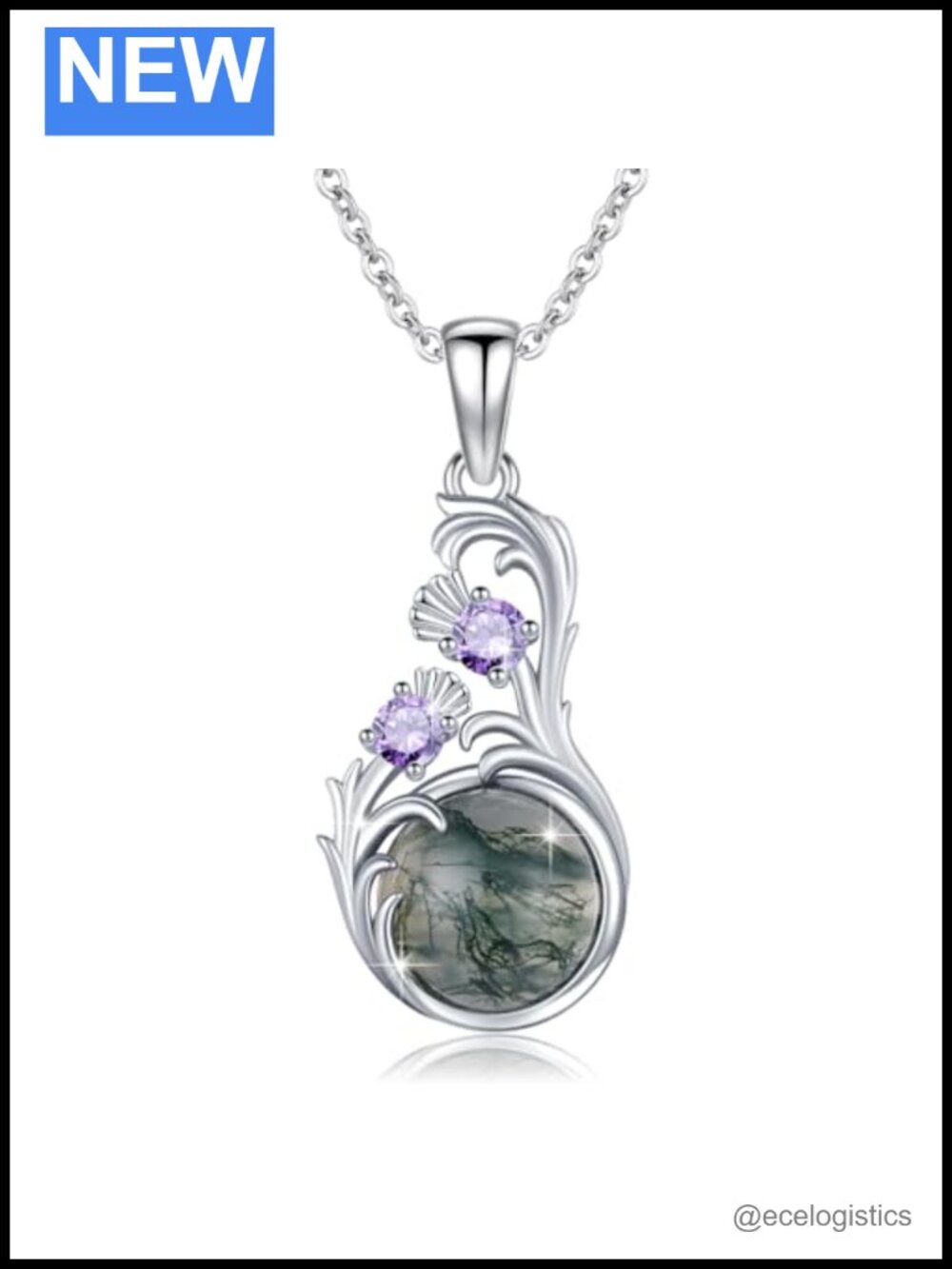 Scottish Thistle Moss Agate Pendant Necklace 925 Sterling Silver Women